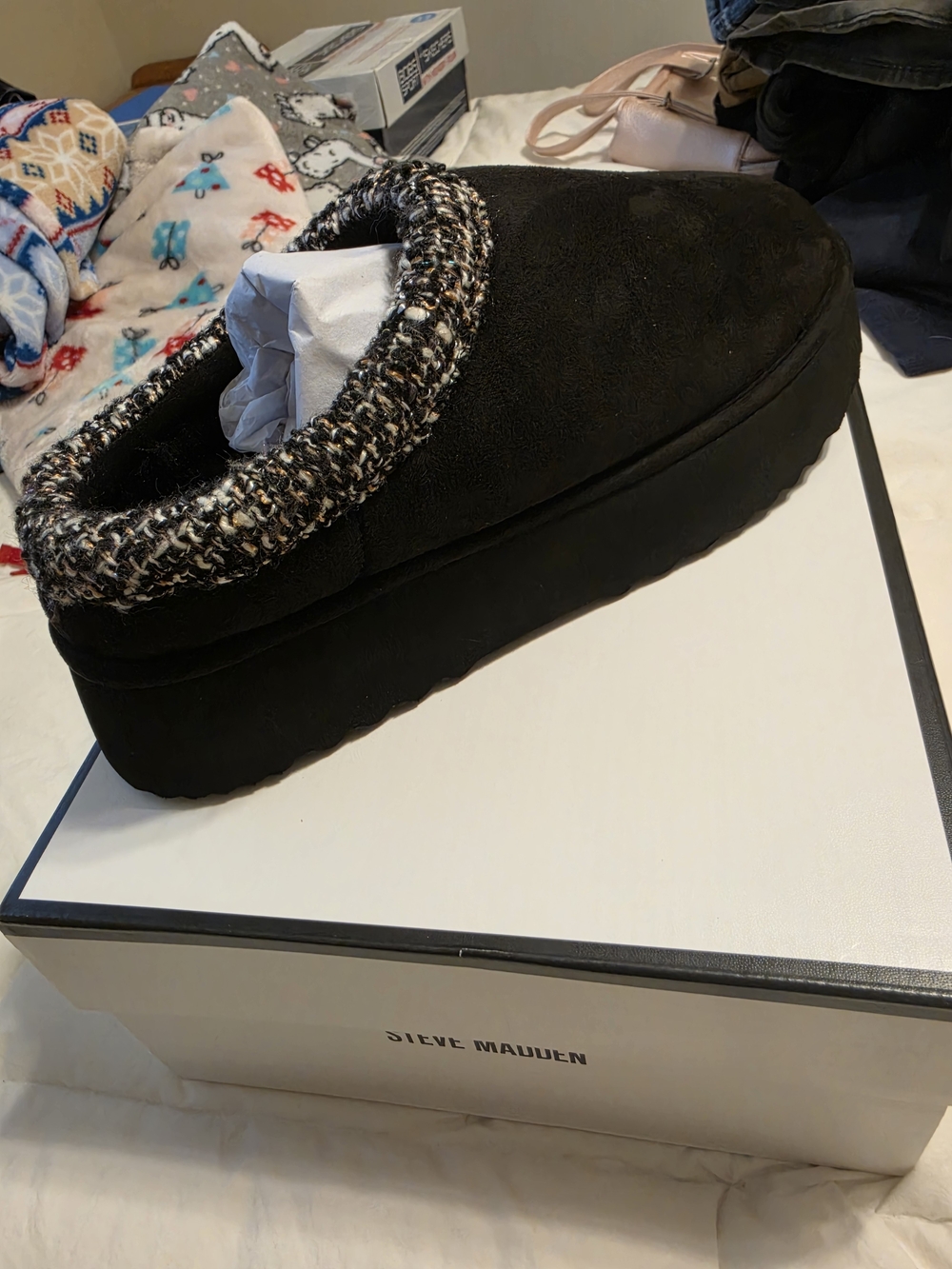 Steve Madden Black Slip-On Platform Mule with Tweed Knit Collar